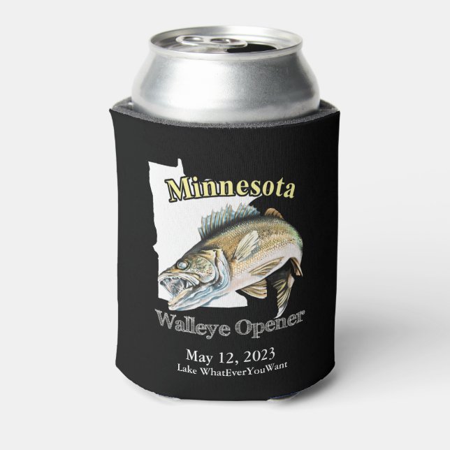 Enfriador De Latas Personalizado Lago/Fecha Minnesota Walleye Opener  (Reverso de la lata)