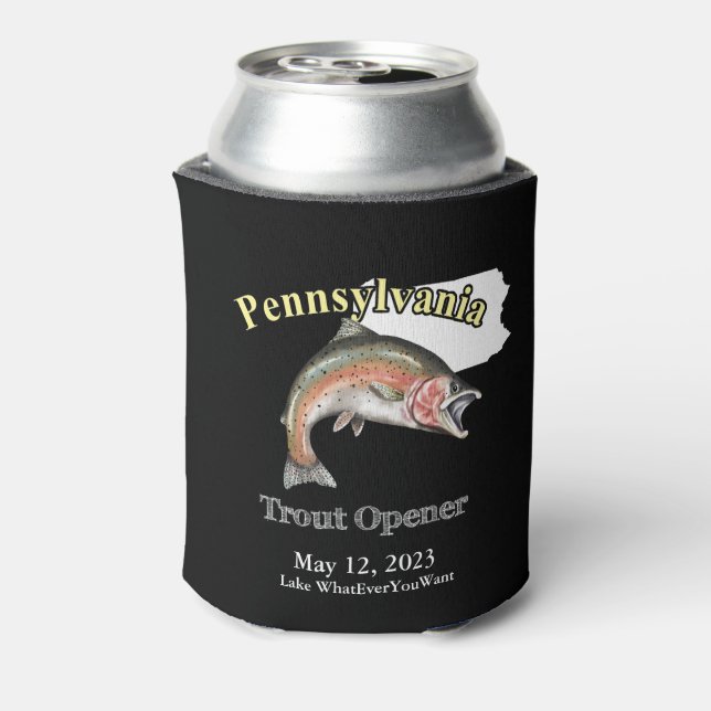Enfriador De Latas Personalizado Lago/Fecha Pennsylvania Trout Opener (Reverso de la lata)