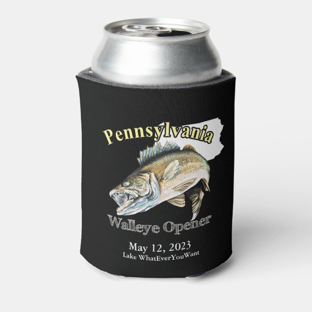 Enfriador De Latas Personalizado Lago/Fecha Pennsylvania Walleye Open (Reverso de la lata)