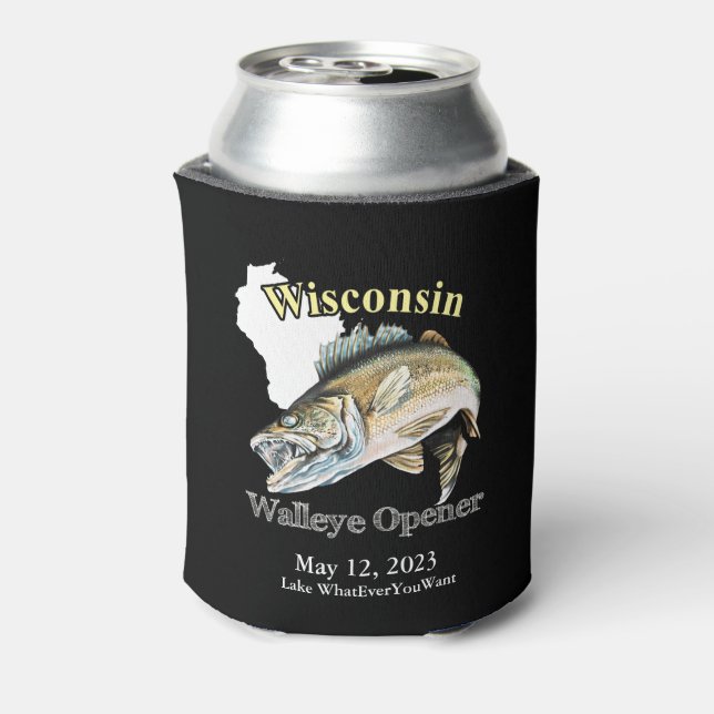 Enfriador De Latas Personalizado Lago/Fecha Wisconsin Walleye Opener  (Reverso de la lata)