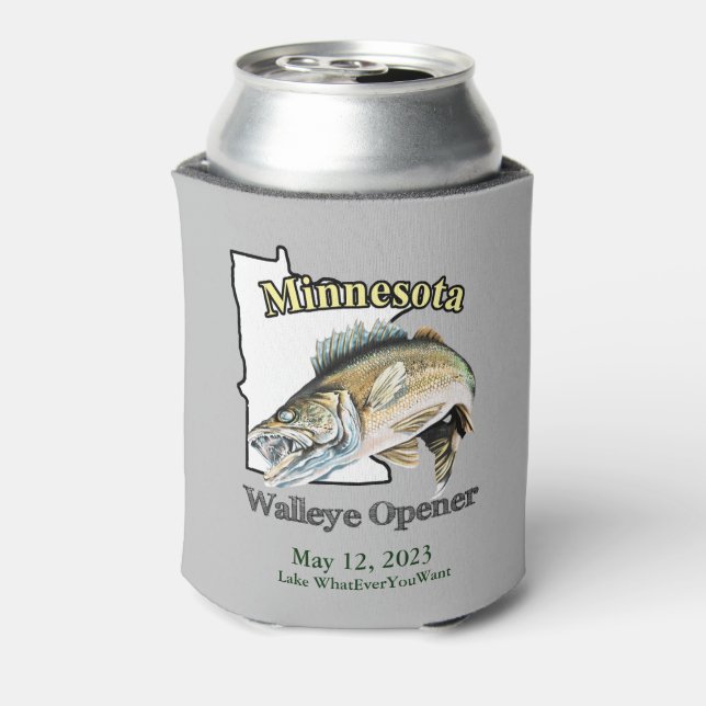 Enfriador De Latas Personalizado Lake/Date Minnesota Walleye Opener (Reverso de la lata)