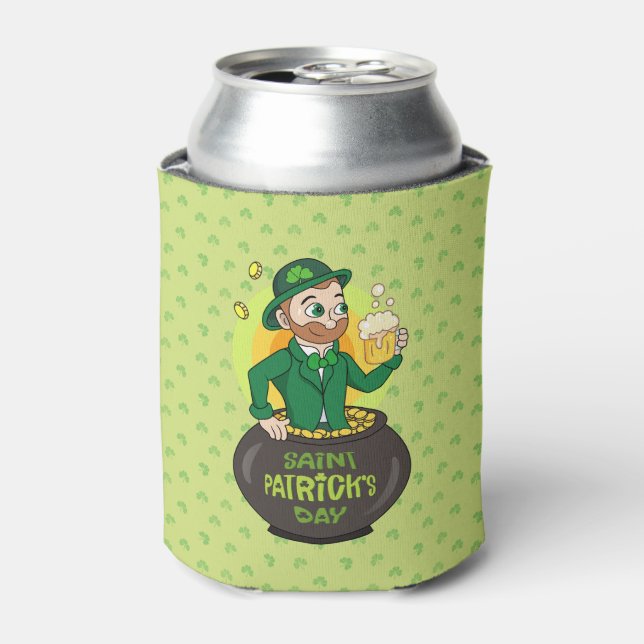 Enfriador De Latas Personalizado leprechaun en una olla de oro sosten (Lata Anverso)