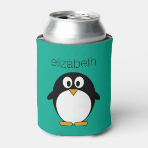 Enfriador De Latas personalizado lindo pingüino esmeralda y negro