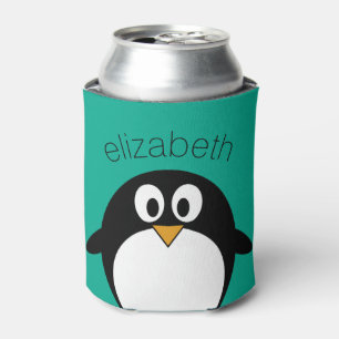 Enfriador De Latas personalizado lindo pingüino esmeralda y negro