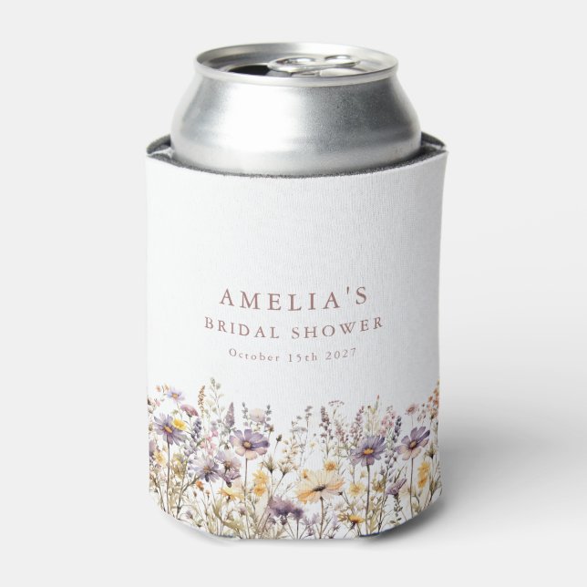 Enfriador De Latas Personalizado Morado Wildflowers Border Bridal Sho (Lata Anverso)