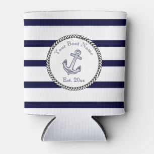 Enfriador De Latas Personalizado Nautical Anchor Naval Bandas azules