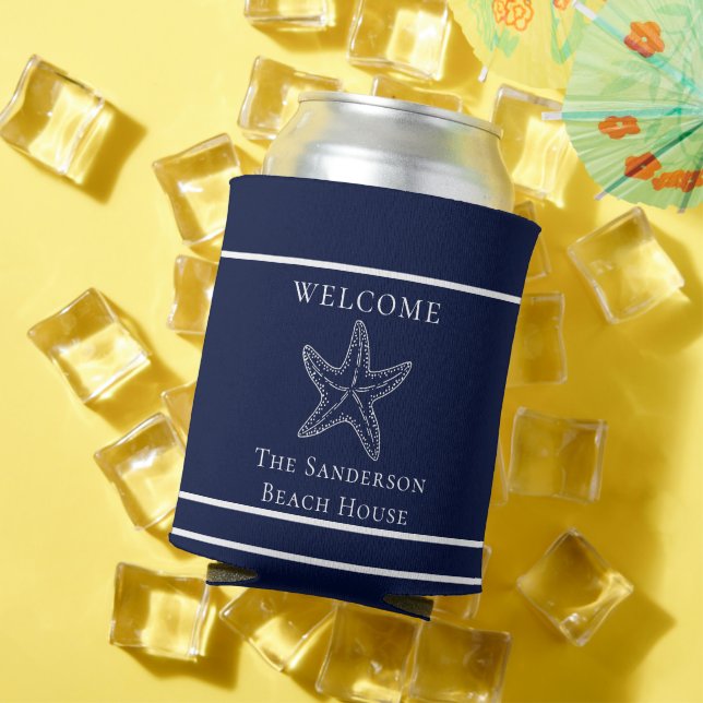 Enfriador De Latas Personalizado Nautical White Navy Starfish Azul (Verano in situ)