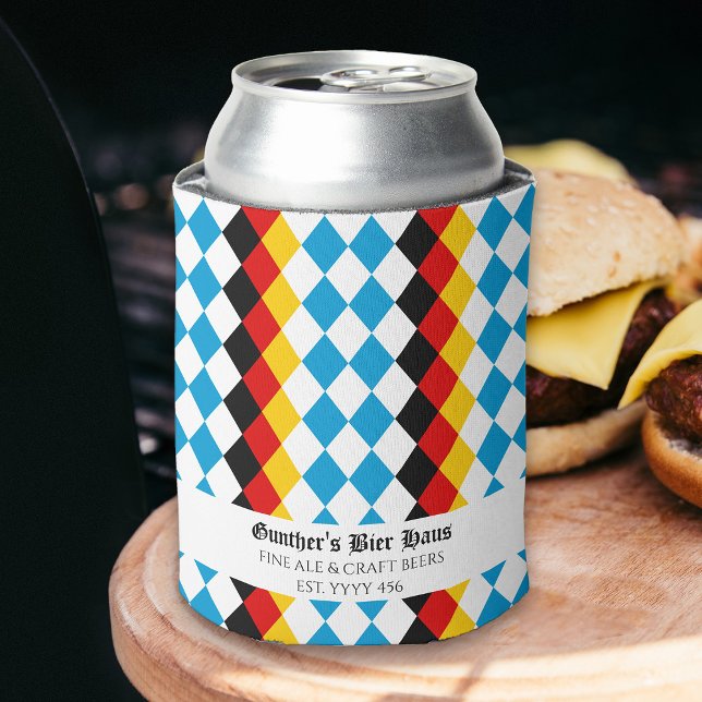 Enfriador De Latas Personalizado Oktoberfest Azul Blanco Negro Rojo A (Oktoberfest themed beer can cooler personalized with your name, event, bar or craft beer business)