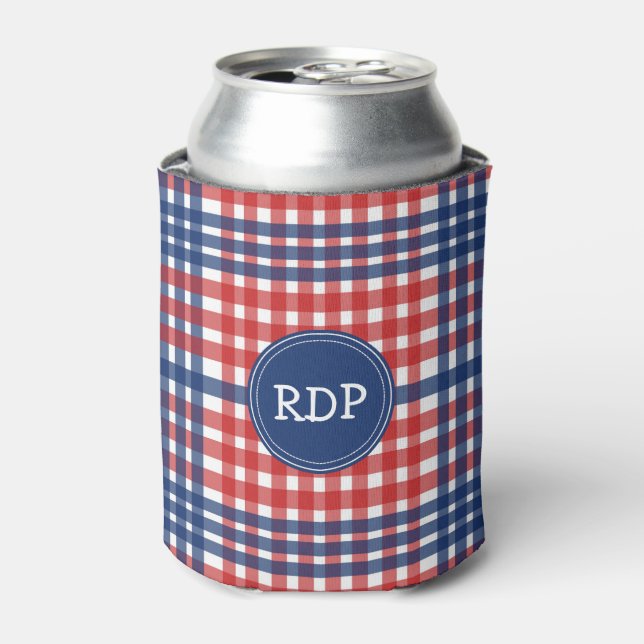 Enfriador De Latas Personalizado Patriótico Rojo Blanco y Blue Plaid (Lata Anverso)