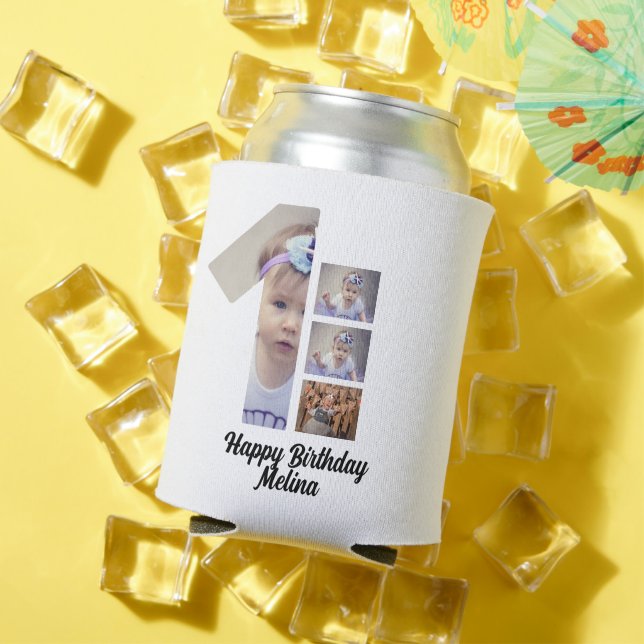 Enfriador De Latas Personalizado Primer cumpleaños del bebé 4 Collaje (Verano in situ)