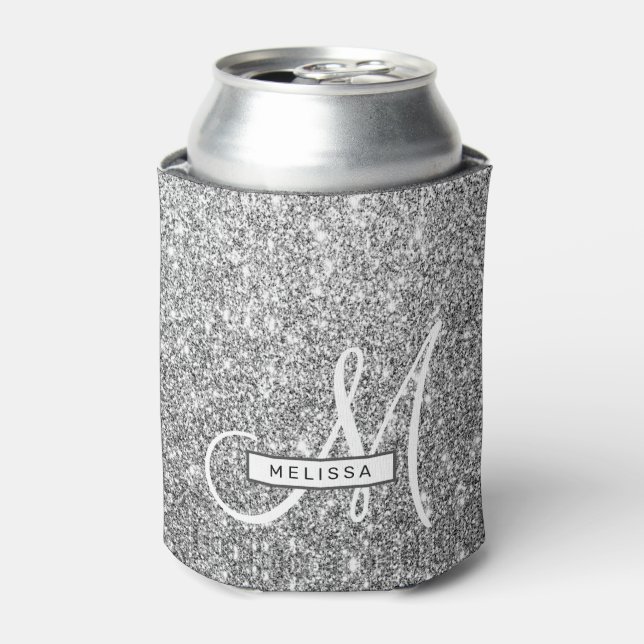 Enfriador De Latas Personalizado Purpurina Glam Silver Monogramado y  (Lata Anverso)