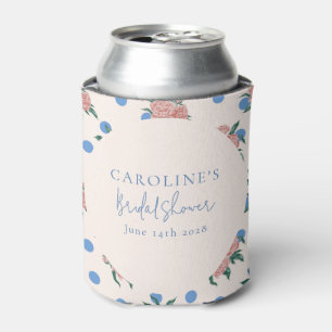 Enfriador De Latas Personalizado Retro Peony Floral Blue Dots Bridal