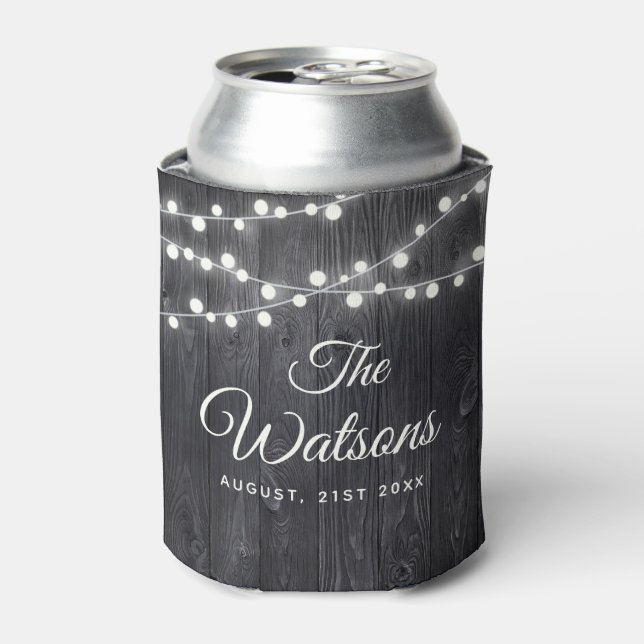 Enfriador De Latas Personalizado Rústico Boda Elegante Luces de Mader (Lata Anverso)