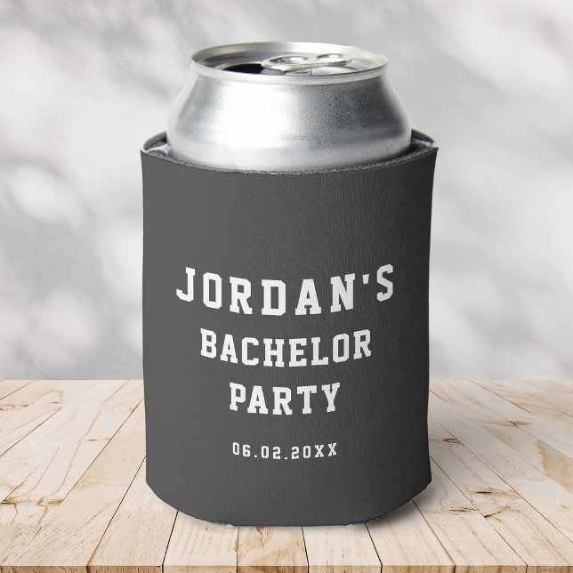 Enfriador De Latas Personalizado Simple Moderno Cool Despedida de Sol (a can in a gray cooler with simple, bold writing reading Jordan's Bachelor Party and the  date)