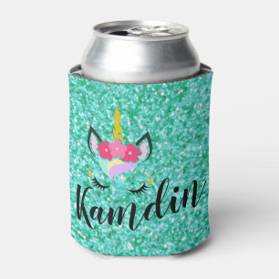Enfriador De Latas Personalizado Unicornio Verde azulado Glitt Koozie