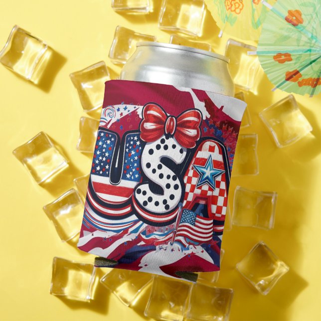 Enfriador De Latas Personalizado USA Print - Bandera Retro Patriótica (Verano in situ)