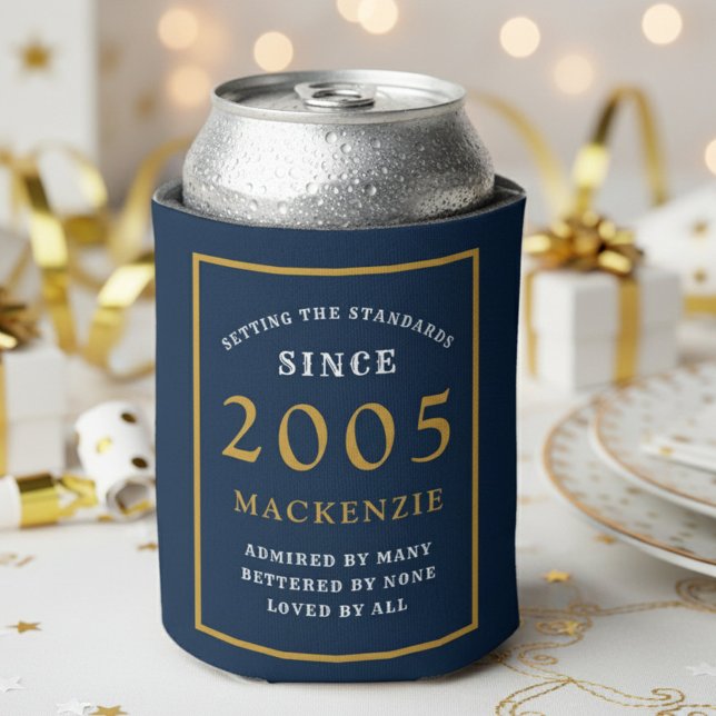 Enfriador De Latas Personalized 21st Birthday 2005 Elegant Blue Gold (2005 blue can cooler. White and gold background.)