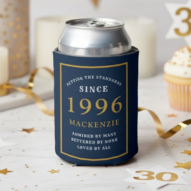 Enfriador De Latas Personalized 30th Birthday 1996 Elegant Blue Gold (1996 blue can cooler. White background.)