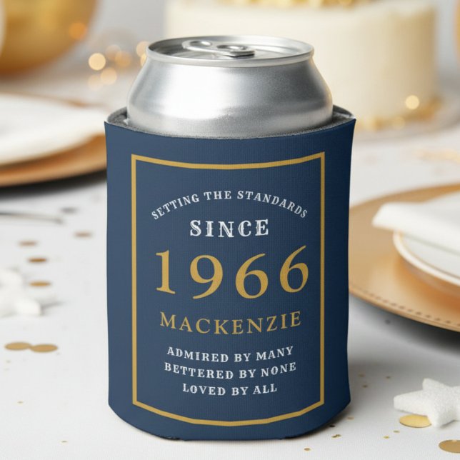 Enfriador De Latas Personalized 60th Birthday 1966 Elegant Blue Gold (1966 blue can cooler. White background.)