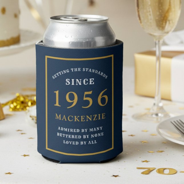 Enfriador De Latas Personalized 70th Birthday 1956 Elegant Blue Gold (1956 blue can cooler. White background.)