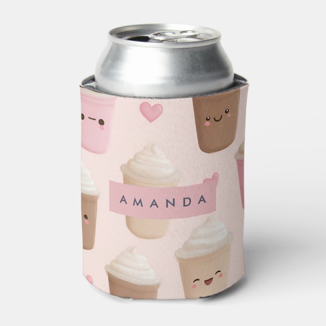 Enfriador De Latas Personalized Cute Pink Kawaii Coffee Cup (Lata Anverso)