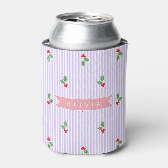 Enfriador De Latas Personalized Cute Striped Holiday Christmas Holly  (Lata Anverso)