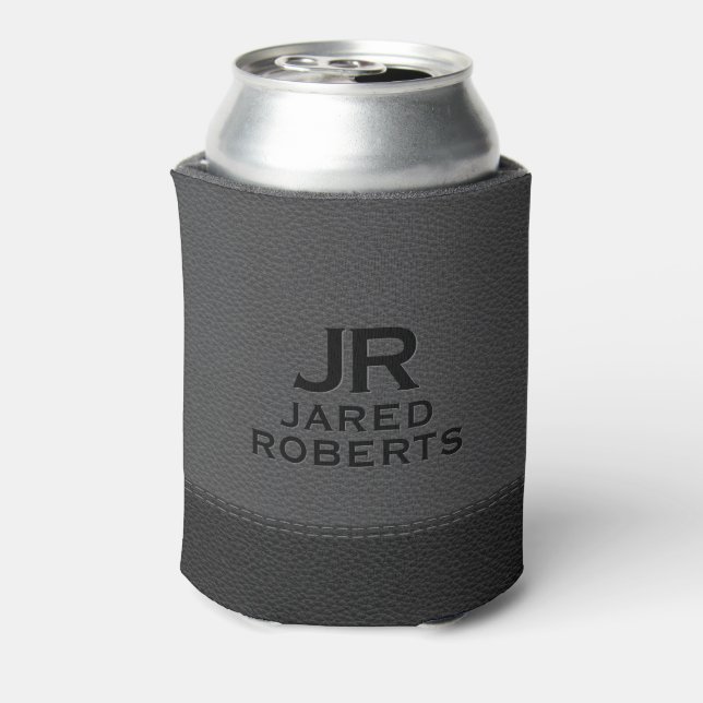 Enfriador De Latas Personalized Monogram Gray & Black Leather (Reverso de la lata)