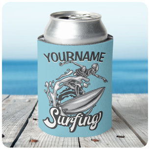 Enfriador De Latas Personalized NAME Surfer Big Wave Skeleton Surfing