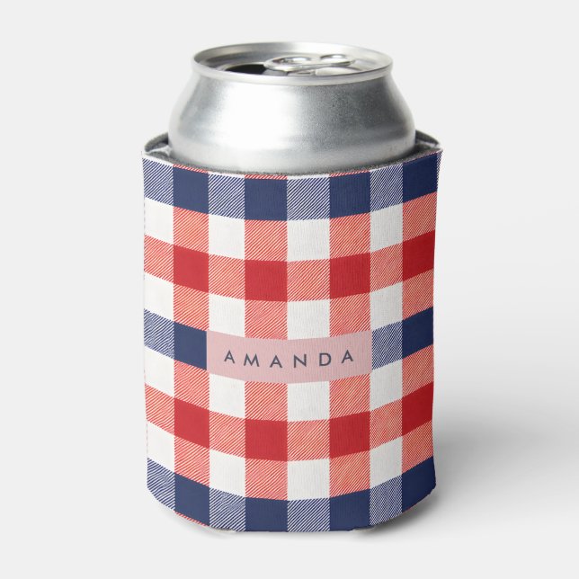 Enfriador De Latas Personalized Patriotic Red, White & Blue Gingham (Lata Anverso)