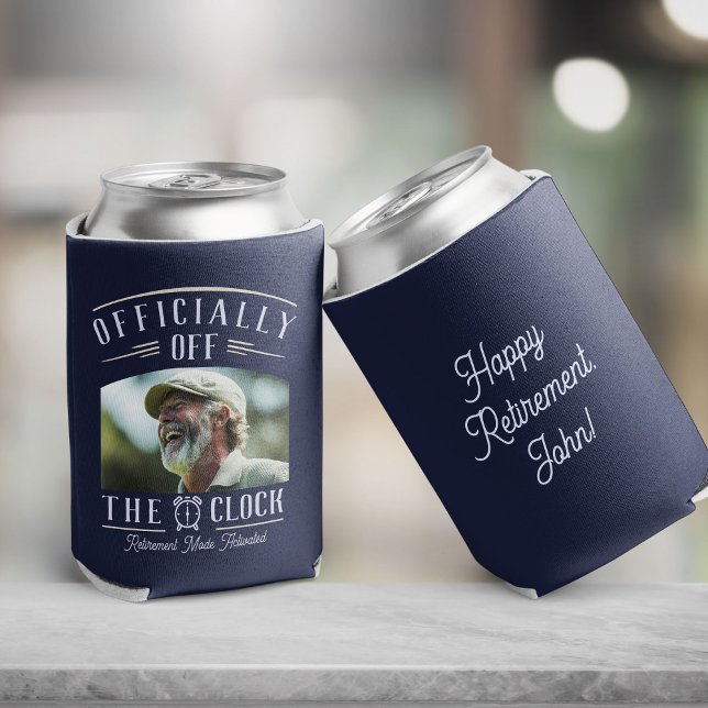 Enfriador De Latas Personalized Retiree Party Favor Retirement Photo  (Light and dark blue retirement photo can cooler with an Officially Off the Clock retirement design )
