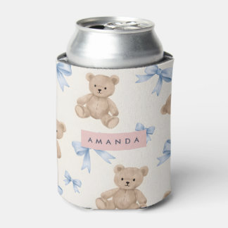 Enfriador De Latas Personalized Teddy Bear & Blue Bow Pattern