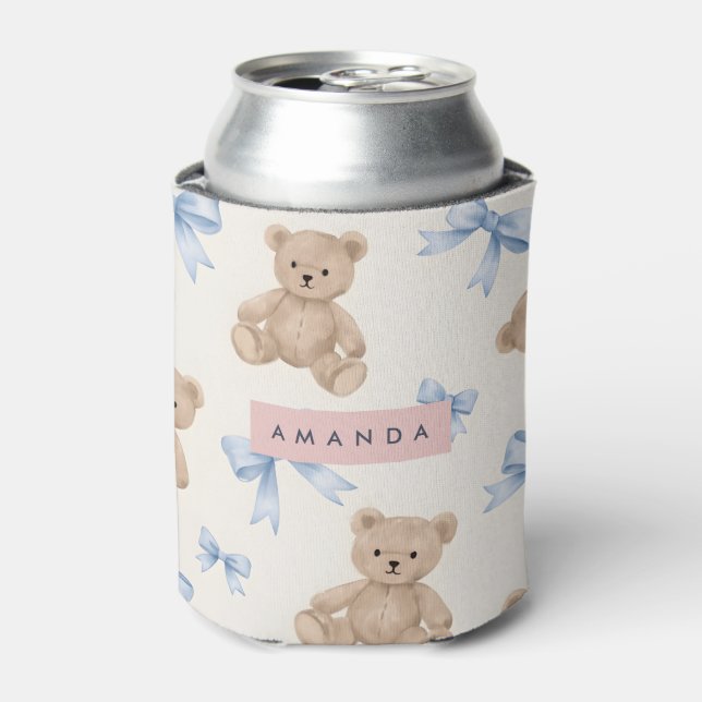 Enfriador De Latas Personalized Teddy Bear & Blue Bow Pattern (Lata Anverso)