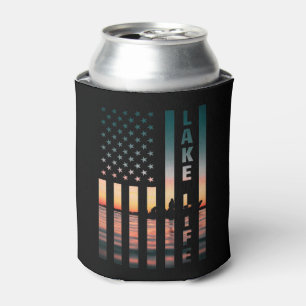 Enfriador De Latas Pescador de Lake Life Sunset Bandera Estadounidens