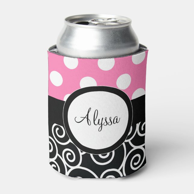 Enfriador De Latas Pink Back Dots Swirl Personalizado (Lata Anverso)