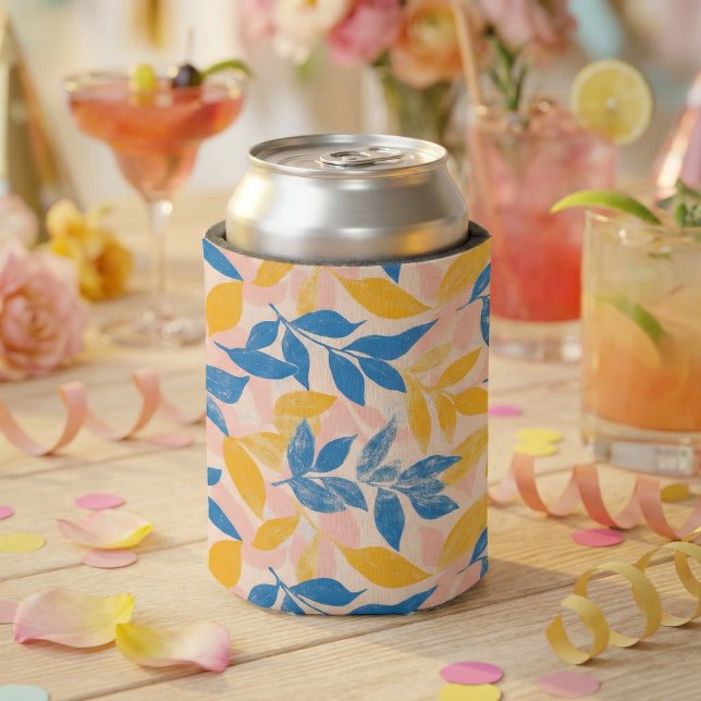 Enfriador De Latas Pink, Blue, and Yellow Lithograph Floral Wedding (Pink, Blue, and Yellow Lithograph Floral Wedding Can Cooler)
