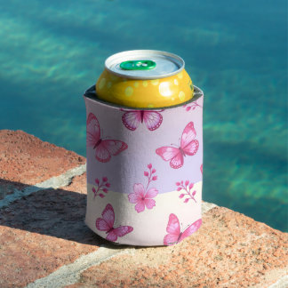 Enfriador De Latas Pink butterflies and flowers pattern