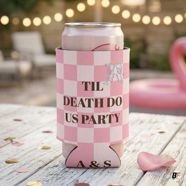 Enfriador De Latas Pink Check "Til Death Do Us Party" Wedding Bachelo (Subido por el creador)