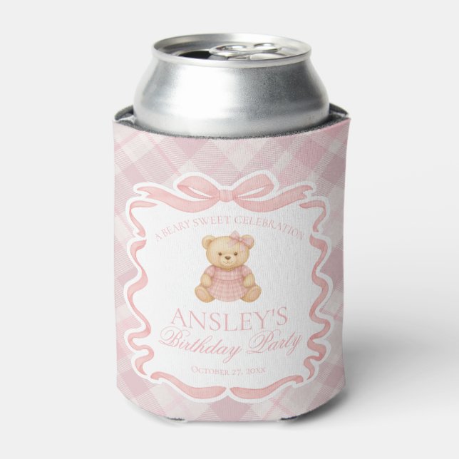 Enfriador De Latas Pink Coquette Bow Bear Tartan Birthday Favor (Lata Anverso)