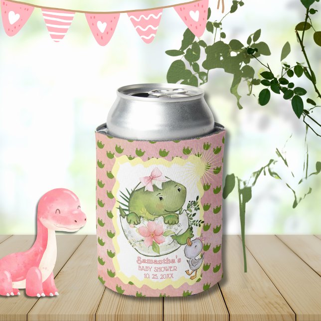 Enfriador De Latas Pink Hatching Dino Baby Shower Can Cooler  (Pink Hatching Dino Baby Shower Can Cooler )