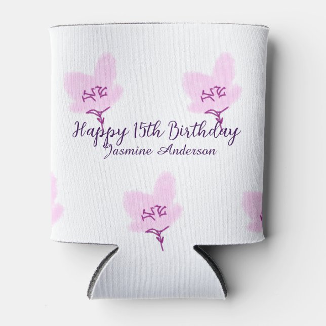 Enfriador De Latas Pink mauve floral 15th birthday quinceanera name d (Anverso)