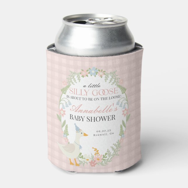 Enfriador De Latas Pink Silly Goose Floral Gingham Baby Shower Favor (Lata Anverso)