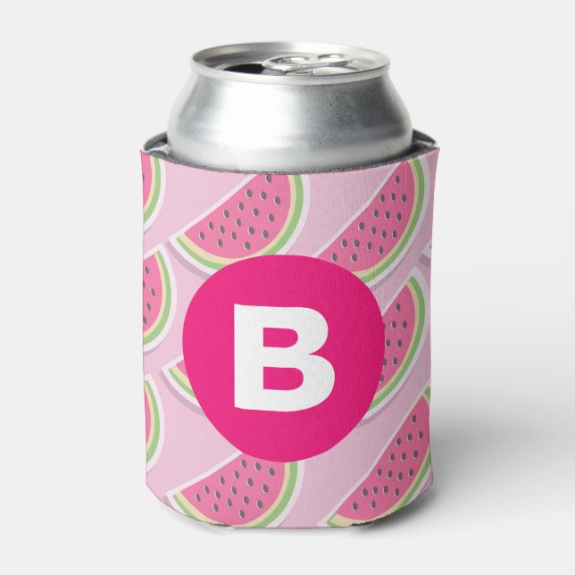 Enfriador De Latas Pink Watermelon Pattern Circle Monogram (Lata Anverso)