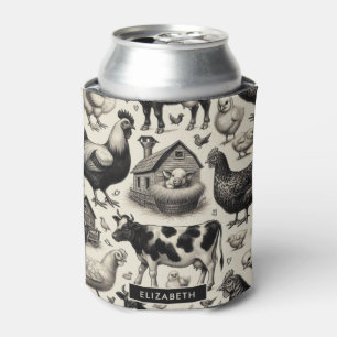 Enfriador De Latas Pintura de animales de granja de cosecha de vintag