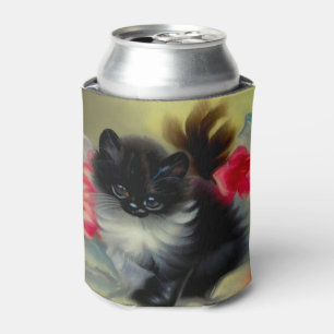 Enfriador De Latas Pintura de gatito blanco y negro vintage
