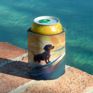 Enfriador De Latas Pintura de surf en la playa de Dachshund