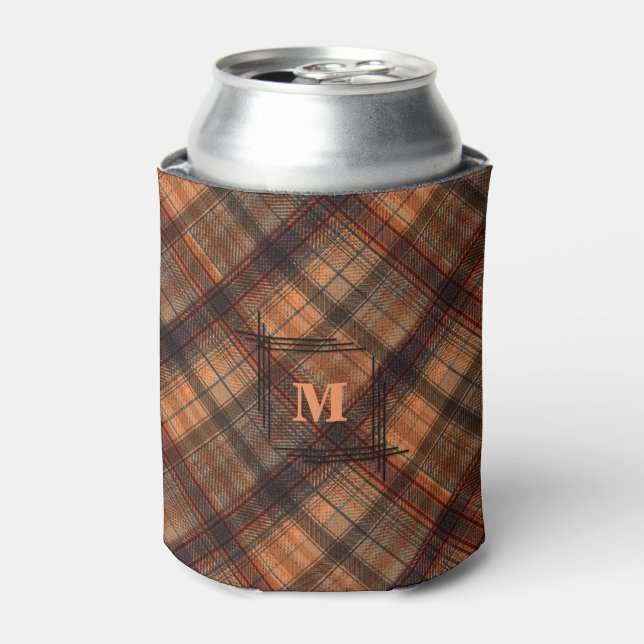 Enfriador De Latas Plaid Scottish tartan naranja marrón clásico negro (Lata Anverso)