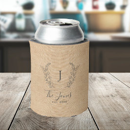 Enfriador De Latas Plantilla de nombre de familia monograma burlap rú