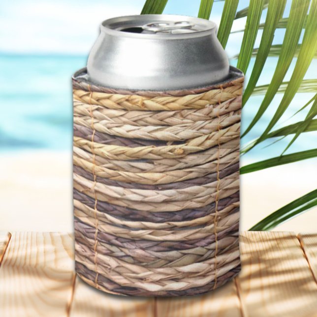 Enfriador De Latas playa de estilo isla tropical de mimbre trenzado r (tropical island style beach rustic woven wicker can cooler)