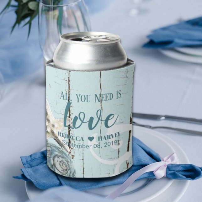 Enfriador De Latas playa náutica boda estrella de mar azul acuático (nautical beach aqua blue seashell starfish wedding can cooler)