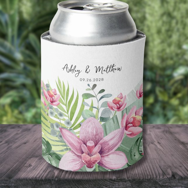 Enfriador De Latas Playa tropical Boda de verano (Simple Modern Elegant Tropical Palm Floral Wedding Can Cooler)